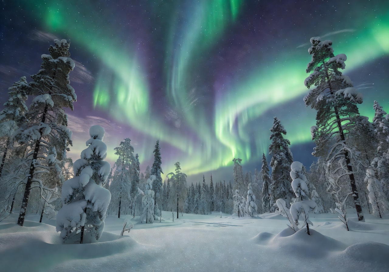 Snowy forest in Lapland under winter twilight
