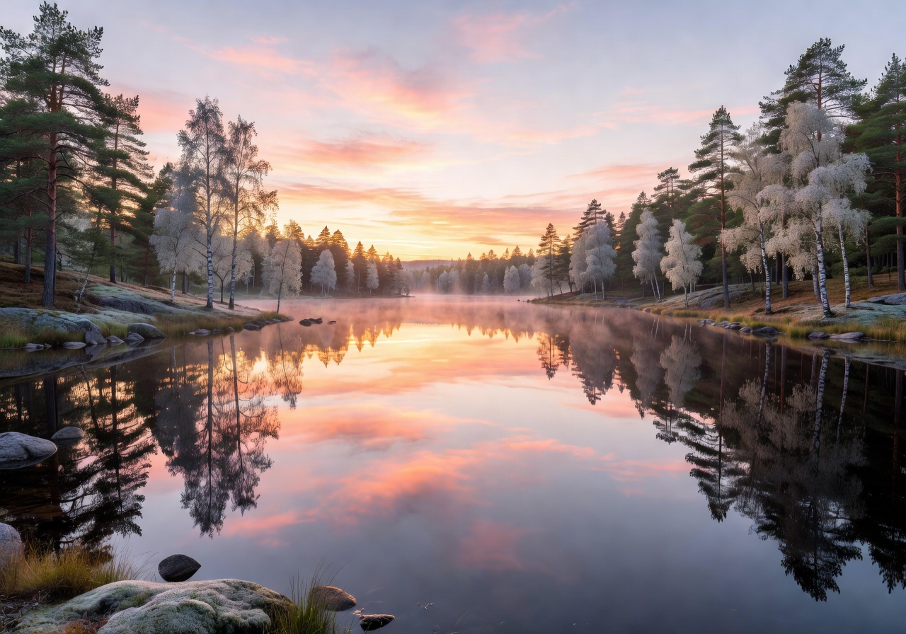 Serene blue lake surrounded by green pine trees in Finnish Lakeland