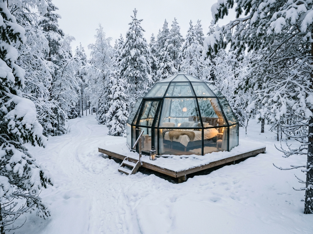 Glass Igloo in snowy forest