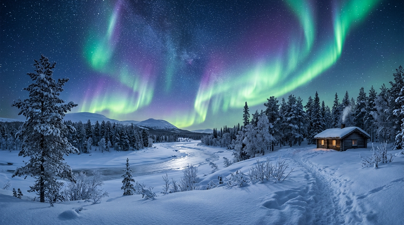Northern Lights shining brightly over a snowy Finnish landscape