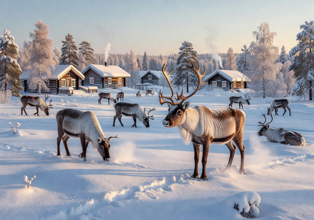 Reindeer in snowy Rovaniemi
