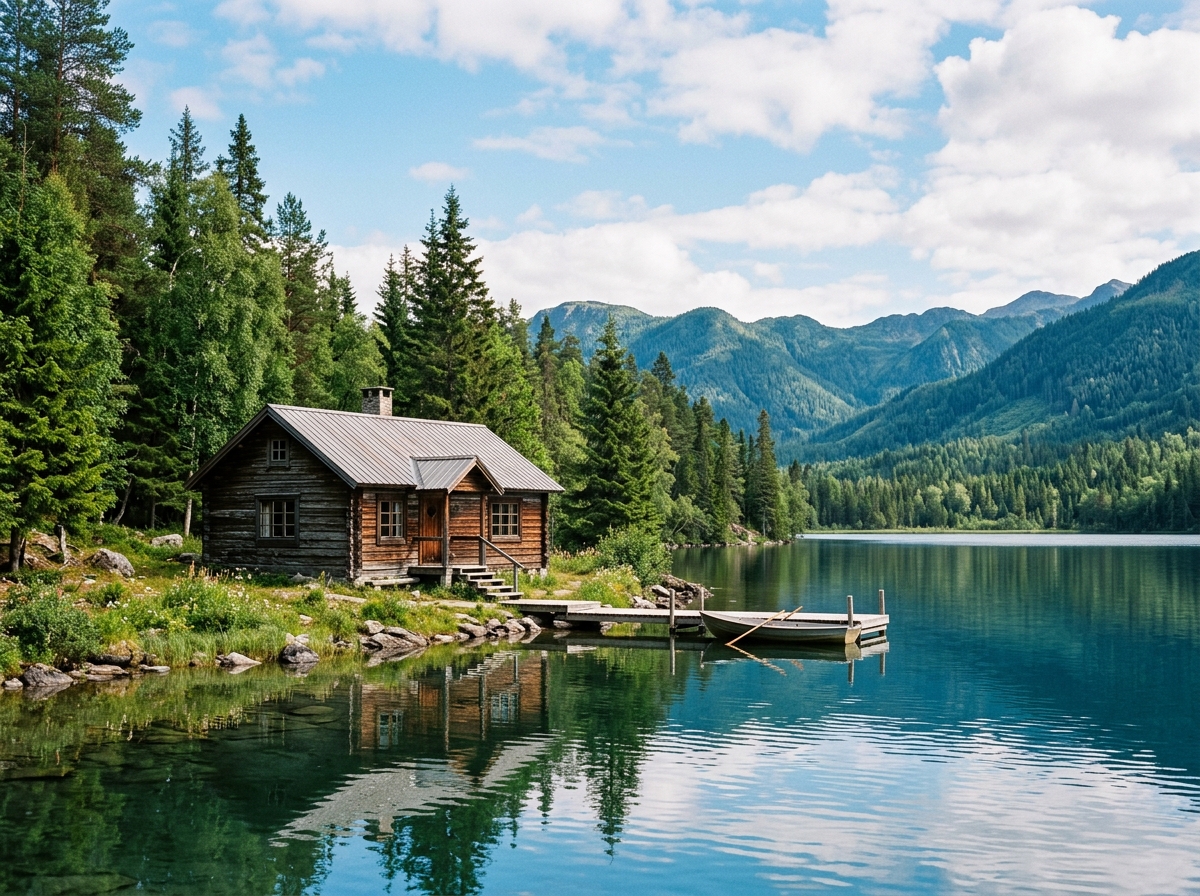 Traditional wooden cabin by a lake